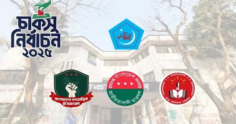 চাকসু ভবন ও ছাত্রশিবির, বাগছাস, ছাত্রদল, গণ অধিকার পরিষদের লোগো