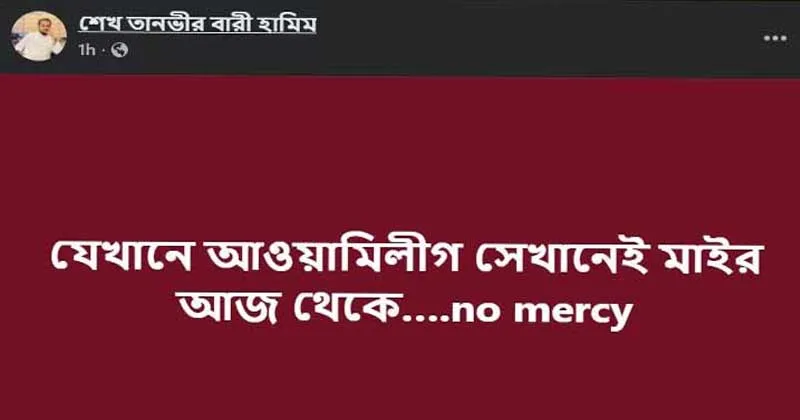 ঢাকা বিশ্ববিদ্যায়েলের কবি জসীমউদ্দীন হল ছাত্রদলের আহ্বায়ক শেখ তানভীর বারী হামিমের পোস্ট