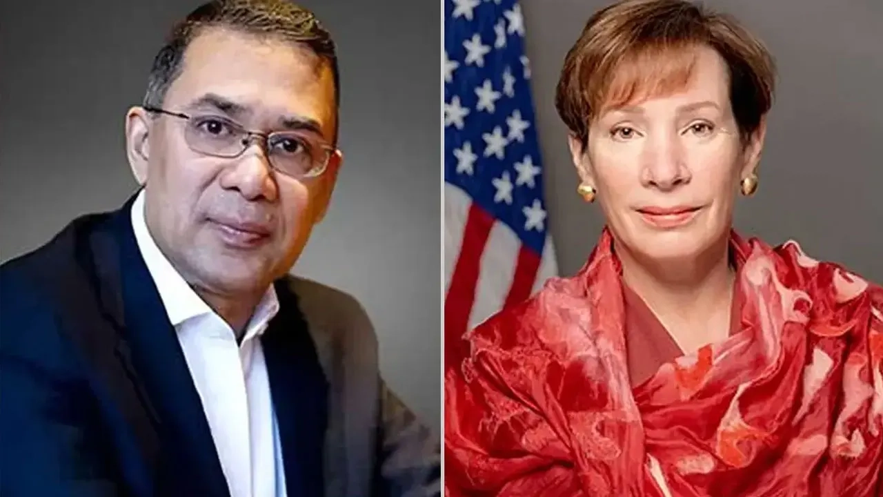 তারেক রহমান ও ঢাকায় নিযুক্ত যুক্তরাষ্ট্রের ভারপ্রাপ্ত রাষ্ট্রদূত (চার্জ দ্য অ্যাফেয়ার্স-সিডিএ) ট্রেসি অ্যান জ্যাকবসন। ফাইল ছবি