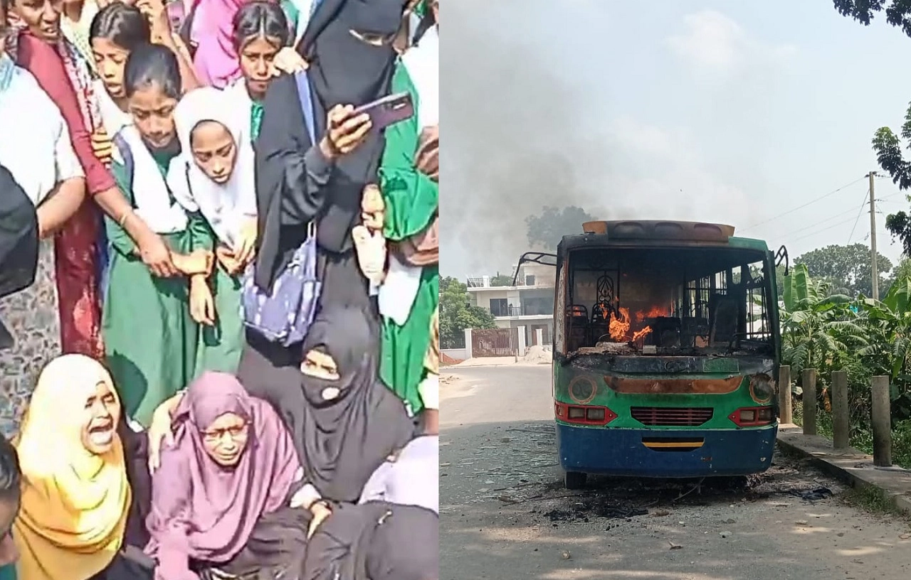 টাঙ্গাইলে স্কুল শিক্ষার্থী দুর্ঘটনায় নিহত হওয়ায় গাড়িতে অগ্নিসংযোগ করেছে জনতা