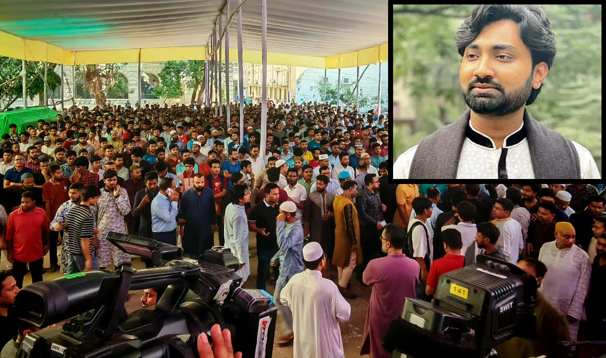 লাশবাহী ফ্রিজিং গাড়িতে ক্যাম্পাসে আনা হয় জগন্নাথ বিশ্ববিদ্যালয়ের শিক্ষার্থী জোবায়েদ হোসাইনের লাশ