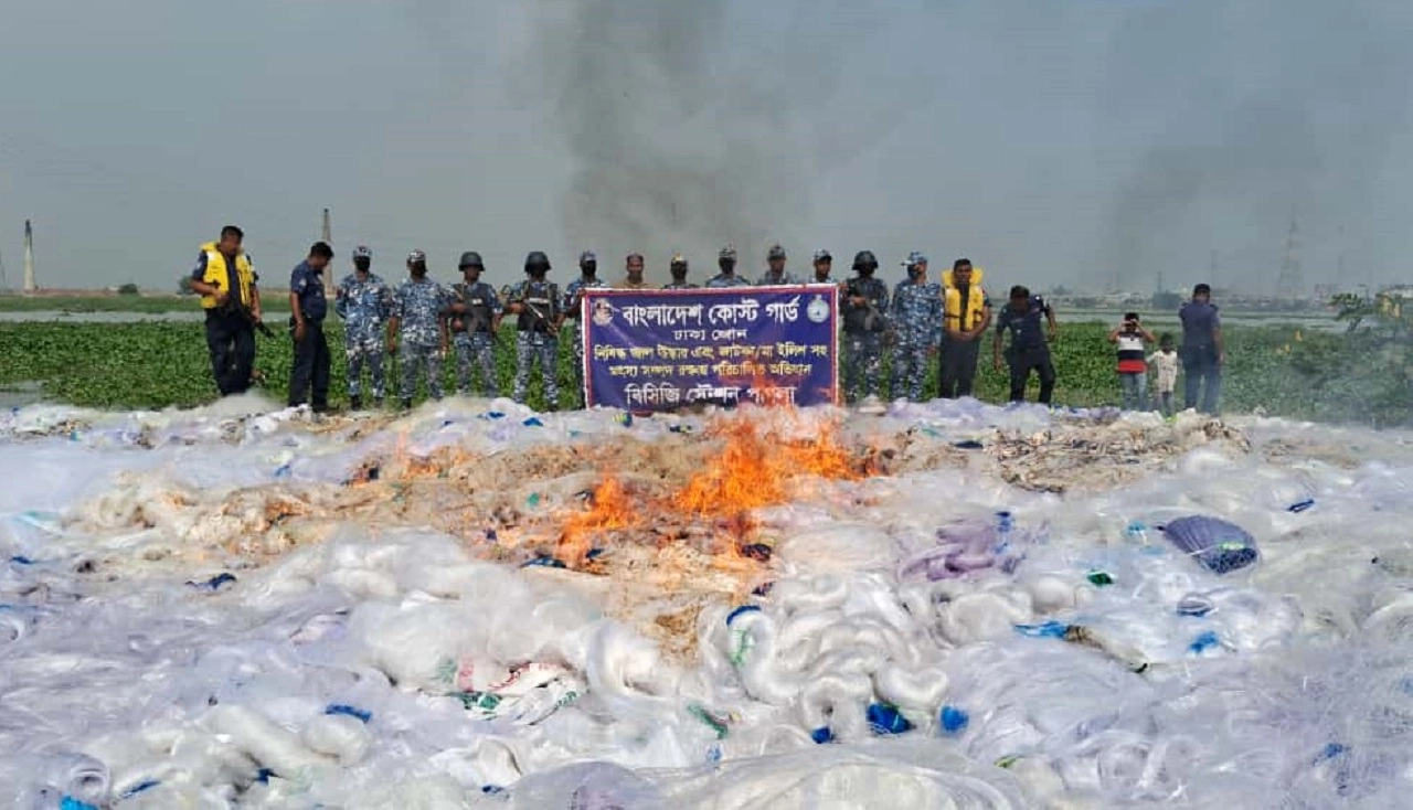 মুন্সীগঞ্জে কোস্ট গার্ড ও মৎস্য অধিদপ্তরের যৌথ অভিযানে নিষিদ্ধ কারেন্ট জাল জব্দ। ছবি: এনপিবি