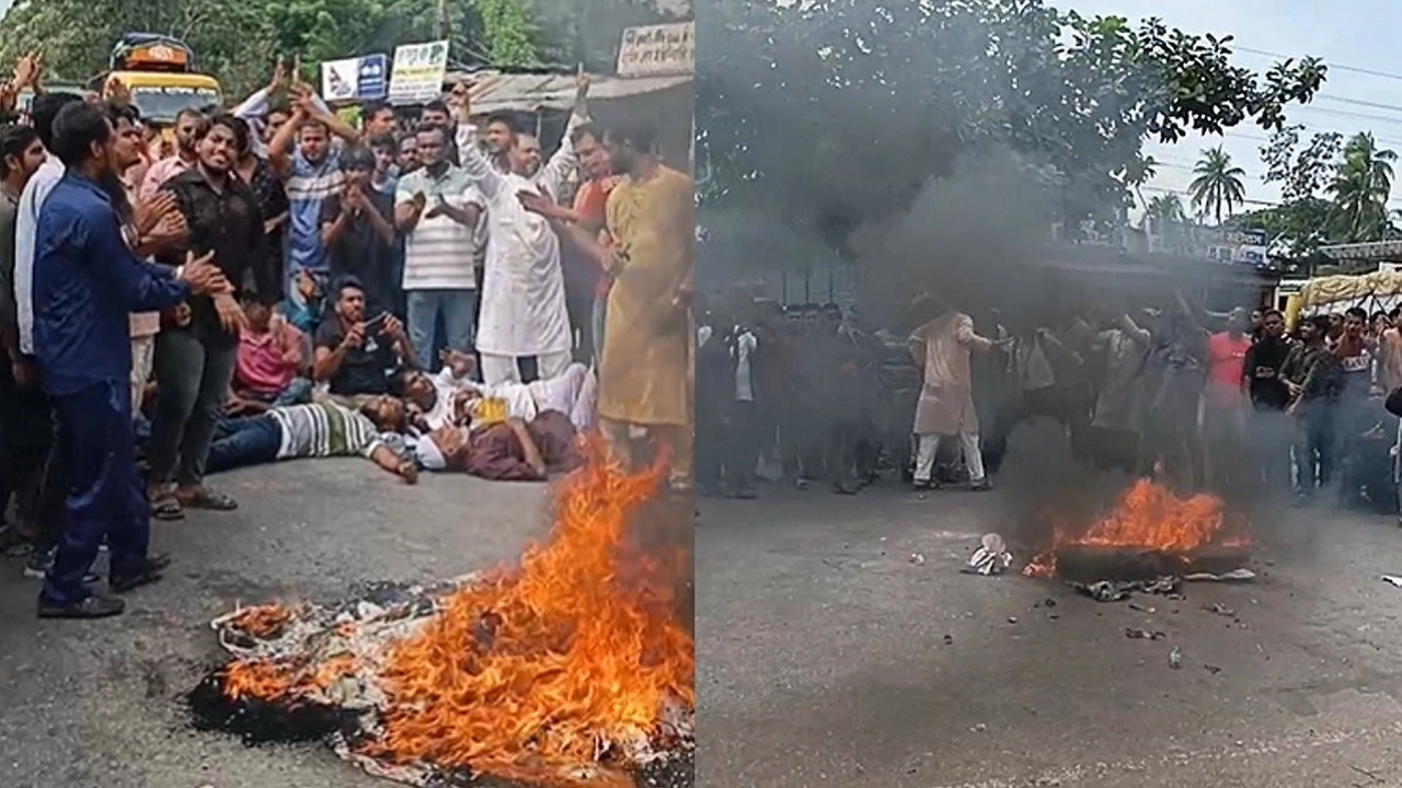 ফরিদগঞ্জ বিএনপির আহবায়ক এম. এ. হান্নান দলীয় মনোনয়ন না পাওয়ায় সড়কে আগুন জ্বালিয়ে অবরোধ ও বিক্ষোভ। ছবি: এনপিবি