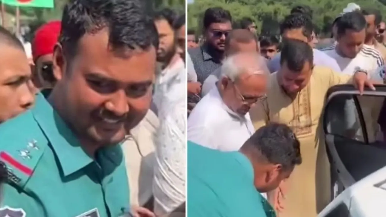 রুহুল কবির রিজভীর পা ছুঁয়ে সালাম করেন ট্রাফিক সার্জেন্ট মো. আরিফুল ইসলাম