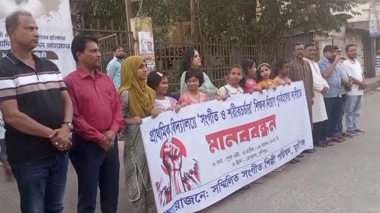 মুন্সীগঞ্জে শিল্পীদের মানববন্ধন