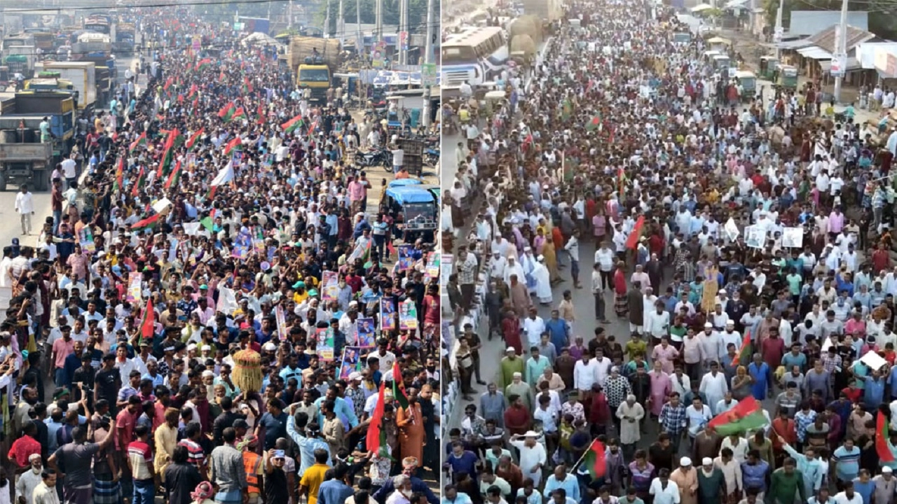 মনোনয়ন ঘোষণার আগে মাঠ গরম-সিংড়ায় বিএনপির দুই নেতার সমাবেশ ও র্যালিতে কর্মী-সমর্থকদের ঢল। ছবিটি (৮ নভেম্বর) শনিবার ও (৯ নভেম্বর) রোববার সিংড়া মহাসড়ক থেকে তোলা।