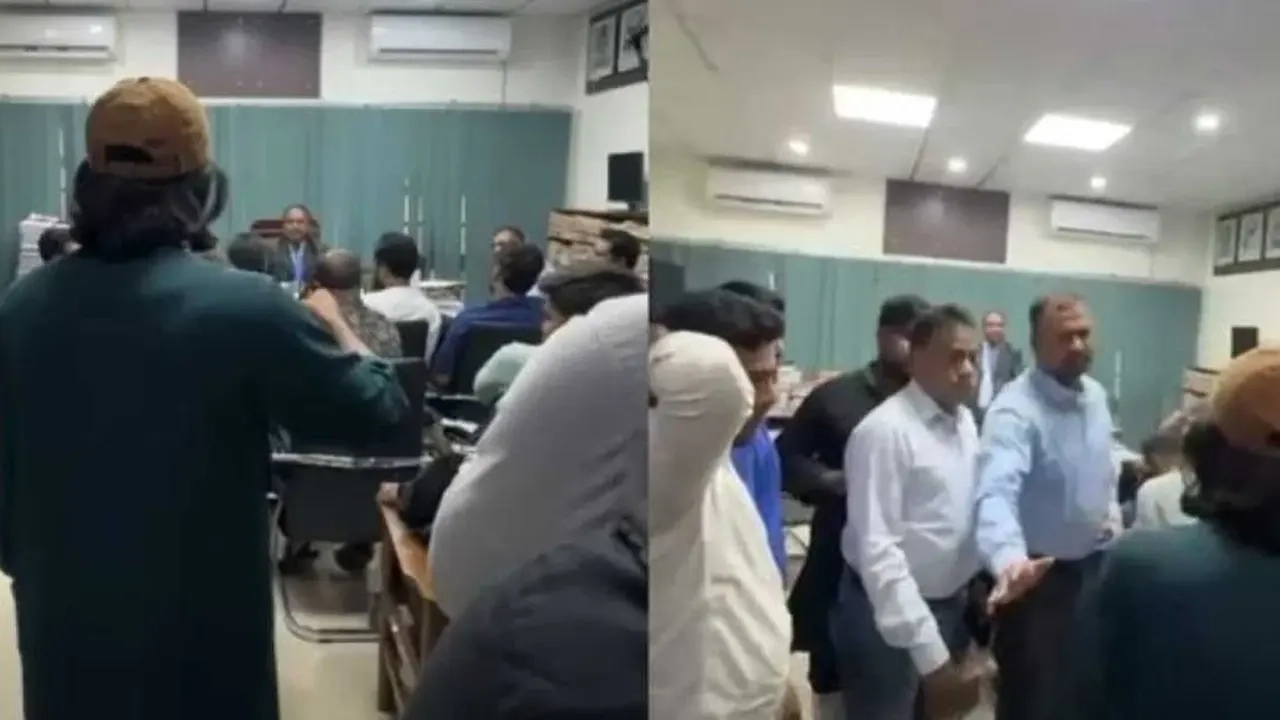 রাজশাহী বিশ্ববিদ্যালয়ের রেজিস্ট্রারের সঙ্গে জিএস সালাহউদ্দিন আম্মারের বাগবিতণ্ডা। ছবি: ভিডিও থেকে নেওয়া