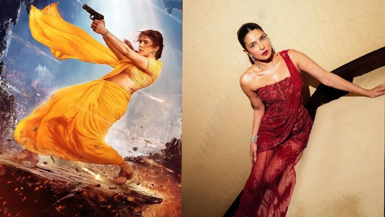 হলুদ শাড়িতে বন্দুক তাক করা প্রিয়াংকা