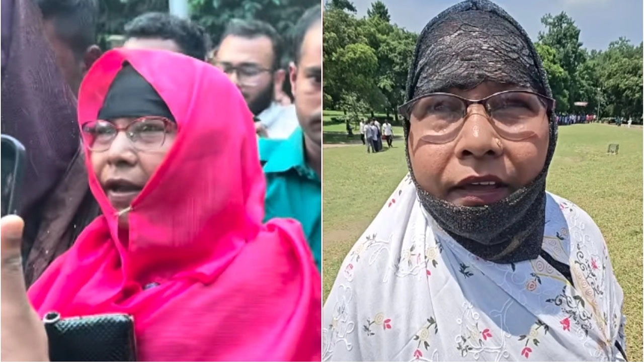 ধানমণ্ডি-৩২ নম্বরে মার খেয়ে গ্রেপ্তার নারী (বাঁমে) জিয়ার মাজার খুঁড়তে যাওয়া নারী (ডানে)। ভিডিও থেকে নেওয়া ছবি