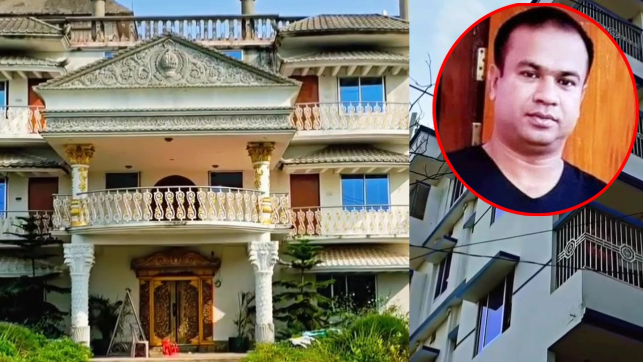 যুবলীগ নেতার বাড়ি। ইনসেটে দেলোয়ার হোসেন দেলু ছবি