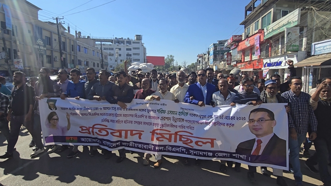 সুনামগঞ্জে বিএনপির বিক্ষোভ মিছিল। ছবি: এনপিবি