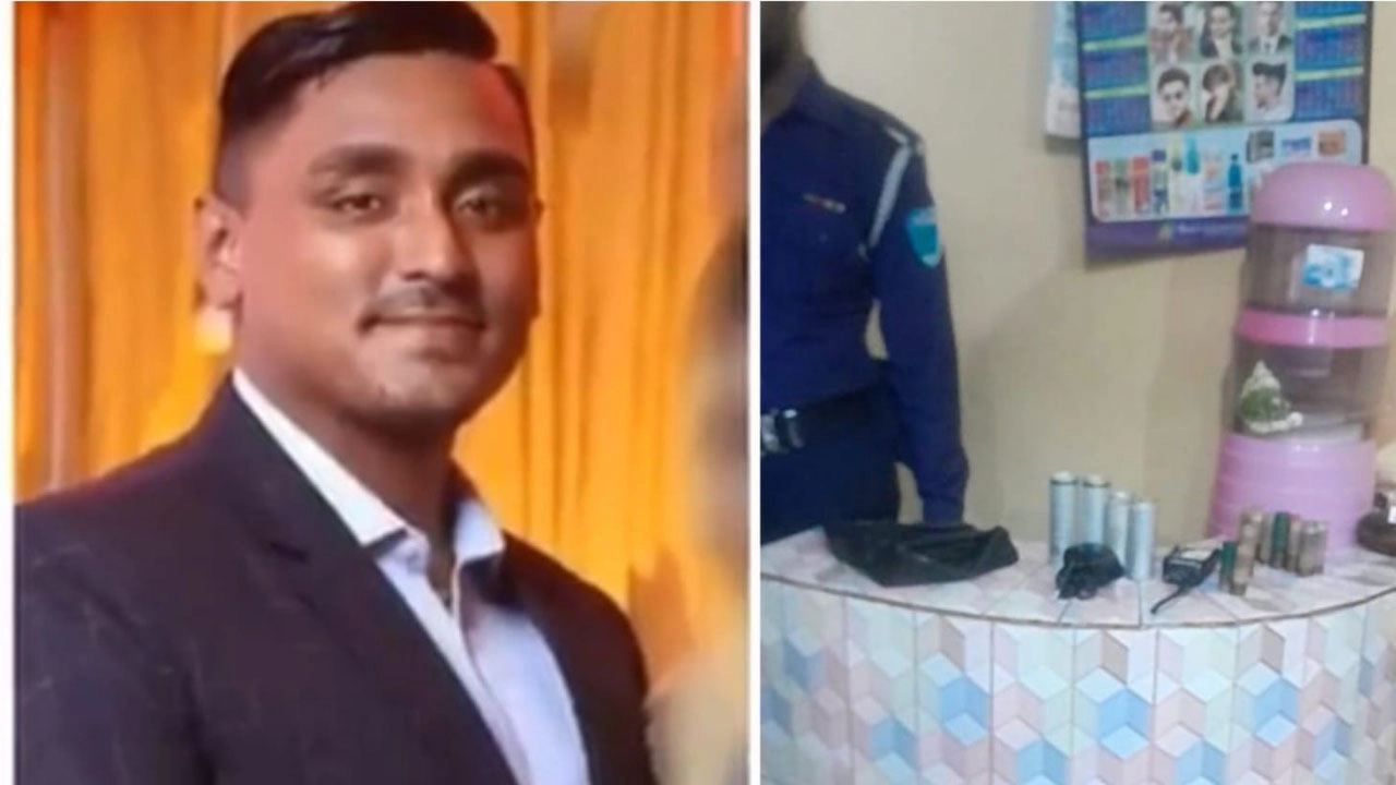 অস্ত্র মামলার আসামি অনিন্দ্য রায় ও পাশে উদ্ধারকৃত অস্ত্র ও গোলাবারুদ।