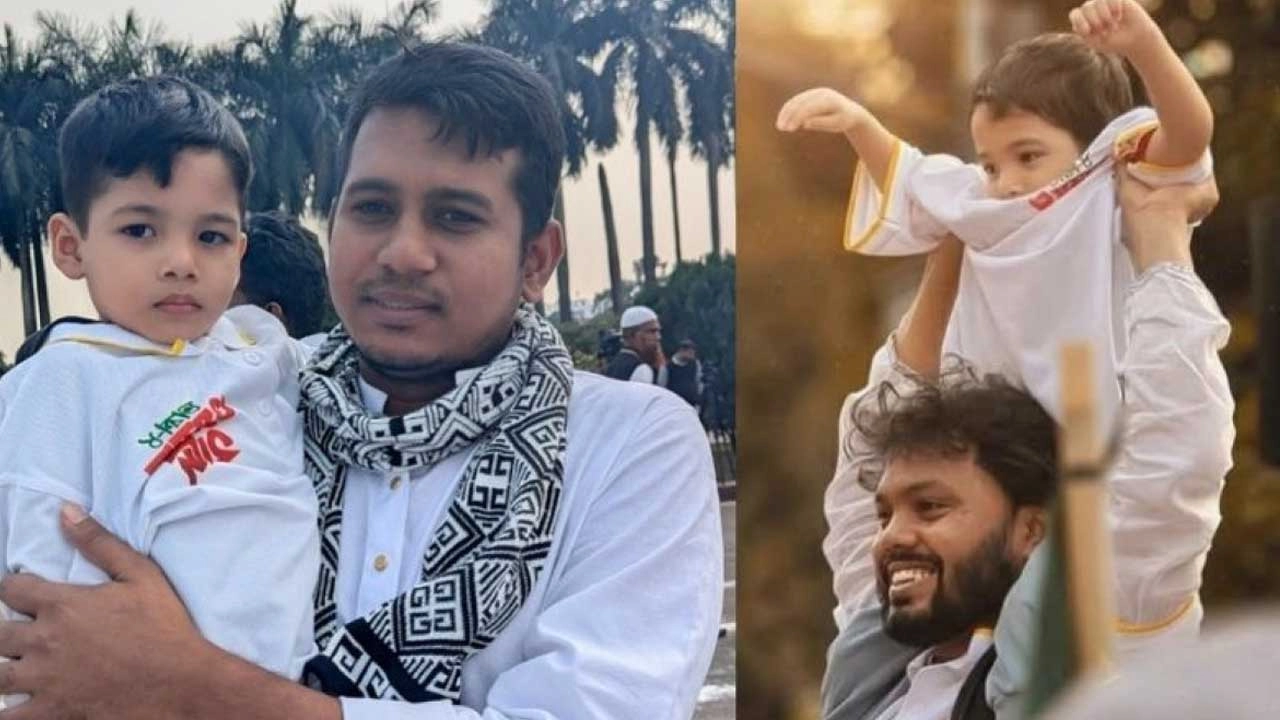 জুলাই ঐক্যের অন্যতম সংগঠক ইস্রাফিল ফারাজির কোলে ও ওসমান হাদির কাঁধে ছোট্ট শিশু ওমায়েত