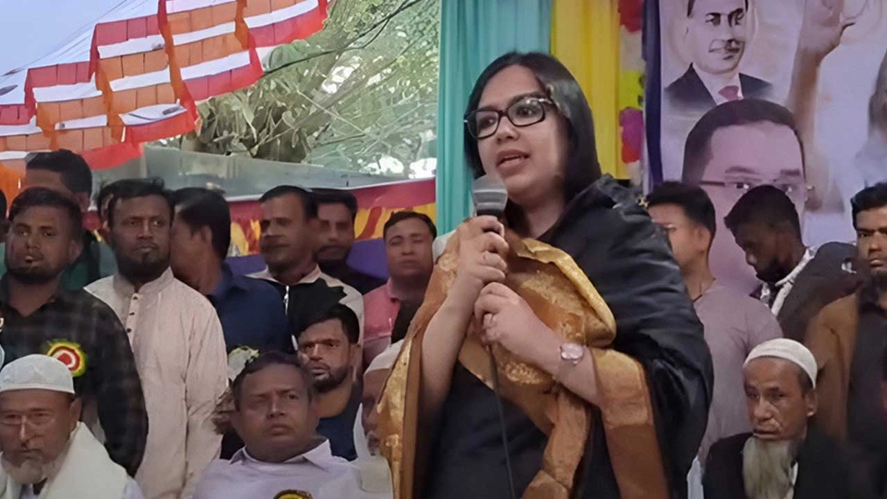 বক্তব্য রাখছেন সাবেক সংসদ সদস্য ও বিএনপির আন্তর্জাতিক বিষয়ক সহসম্পাদক রুমিন ফারহানা