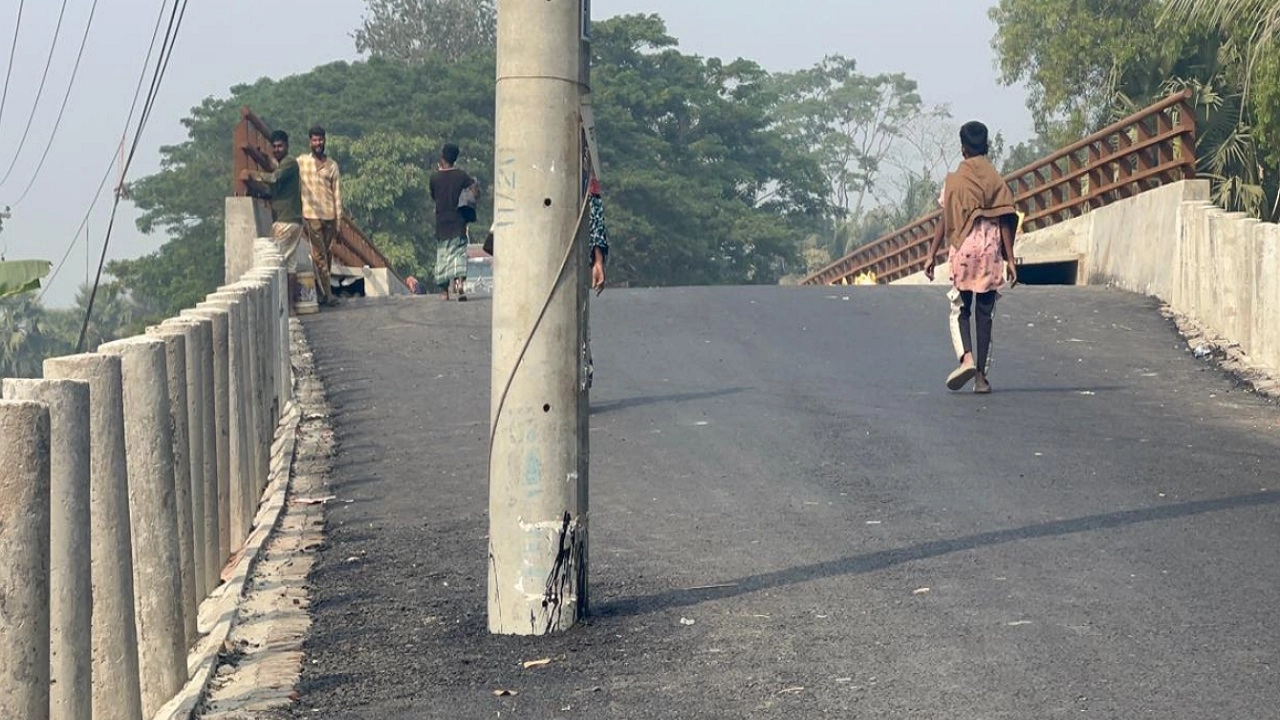 সড়কের মাঝে বিদ্যুতের খুঁটি
