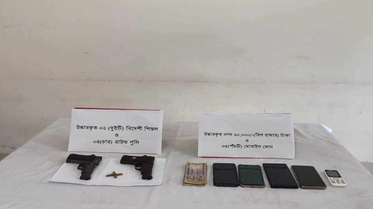 দুইটি বিদেশি পিস্তল, চার রাউন্ড গুলি, নগদ অর্থ, মোবাইল ফোন ও একটি প্রাইভেটকারসহ চার