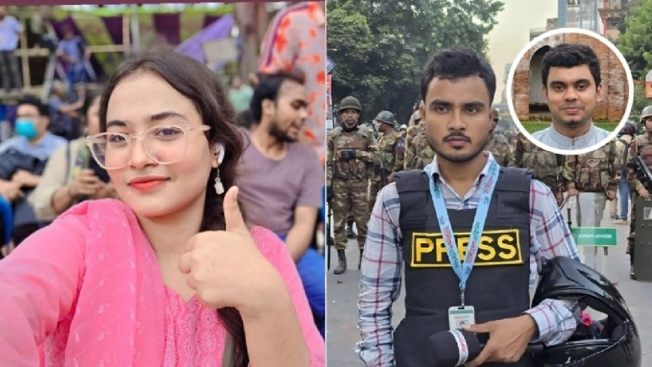 তাহরিমা জামান সুরভী ও সাংবাদিক নাঈমুর রহমান দুর্জয় এবং মঈনুল ইসলাম (ইনসেটে)