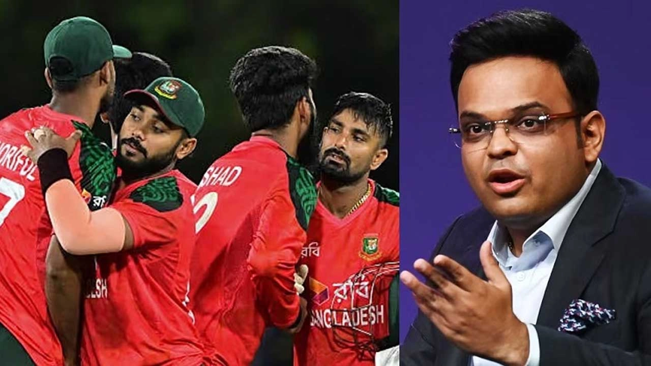 বায়ে বাংলাদেশ ক্রিকেট দল, ডানে আইসিসি চেয়ারম্যান জয় শাহ। ছবি: সংগৃহীত