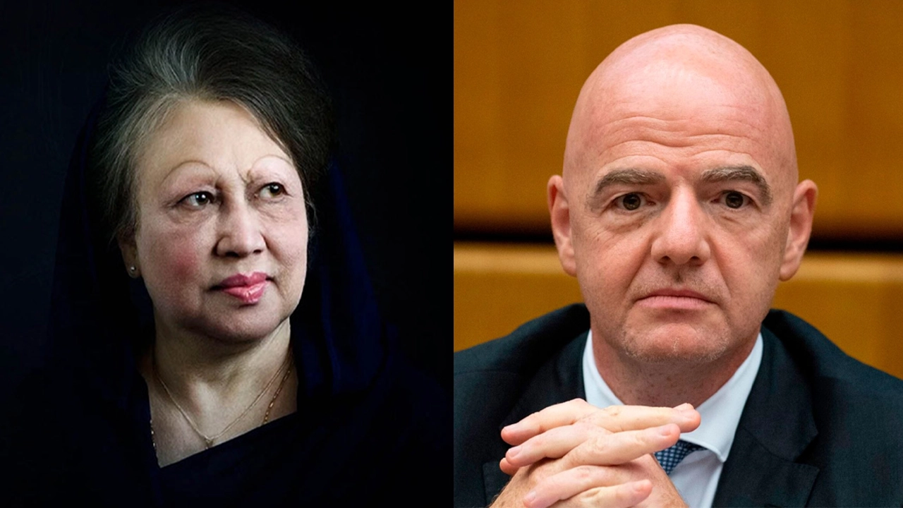 বাঁয়ে বেগম খালেদা জিয়ার ও ফিফা সভাপতি জিয়ান্নি ইনফান্তিনো