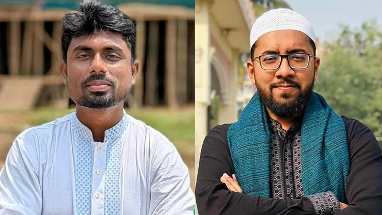 বাঁয়ে মোস্তাফিজুর রহমান ও মাজহারুল ইসলাম