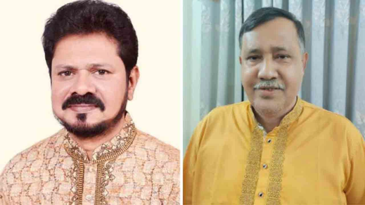 বাঁয়ে বিএনপির প্রার্থী আমীর এজাজ খান ও জামায়াতের প্রার্থী কৃষ্ণ নন্দী