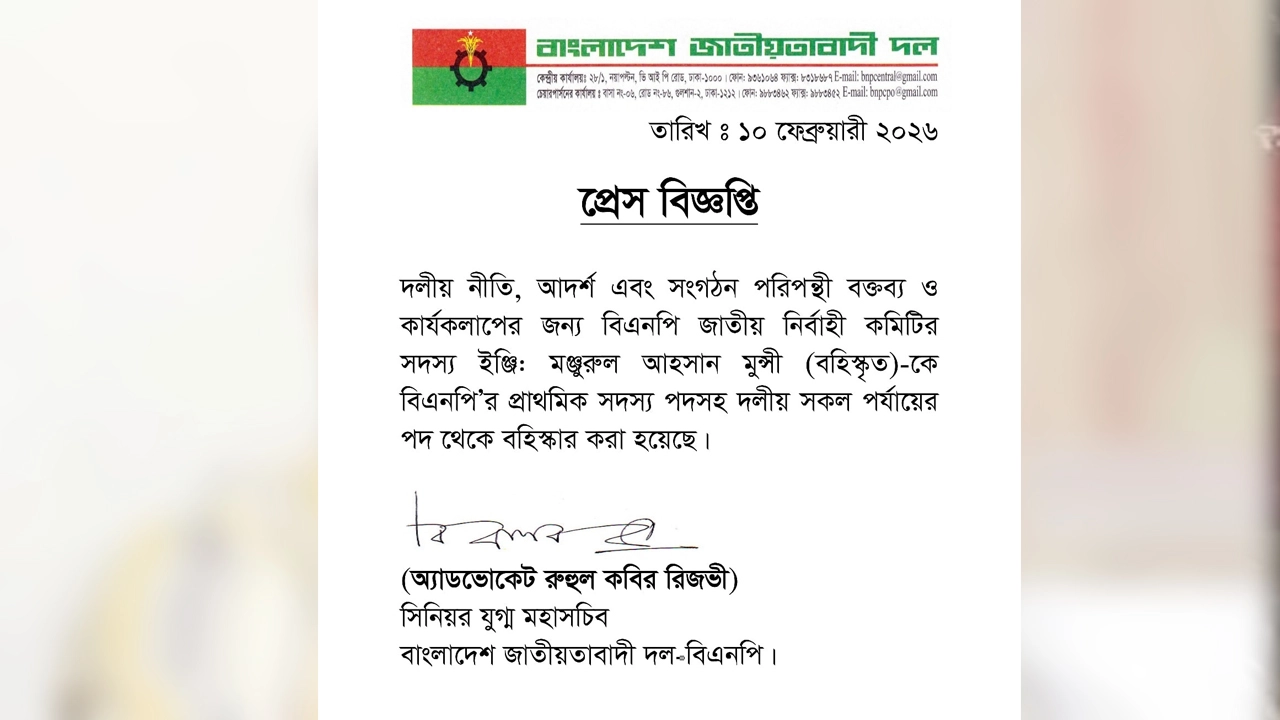 মঞ্জুরুল আহসান মুন্সীকে বিএনপি থেকে বহিষ্কার