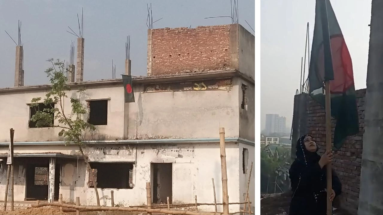 কেরানীগঞ্জ মডেল থানা আওয়ামী লীগের সাধারণ সম্পাদক আলতাফ হোসেন বিপ্লবের স্ত্রী সোনিয়া আক্তার পতাকা উত্তোলন করছেন