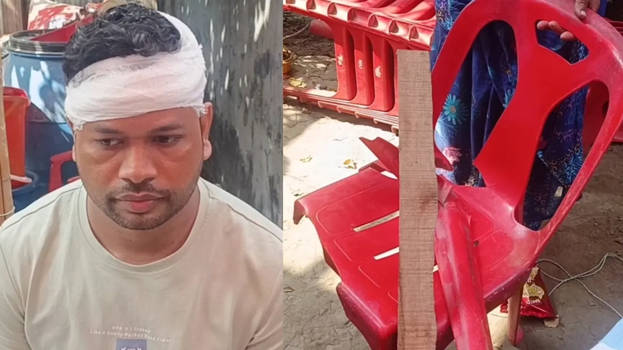 কিশোর গ্যাংয়ের হামলায় আহত ভুক্তভোগী ত্রিনাথ ও ভাঙা আসবাবপত্র, ঘটনার পরের দৃশ্য।