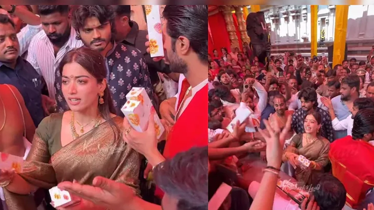 মন্দিরে মিষ্টি বিরতণ করছেন রাশমিকা মান্দানা ।। ছবি: সংগৃহীত