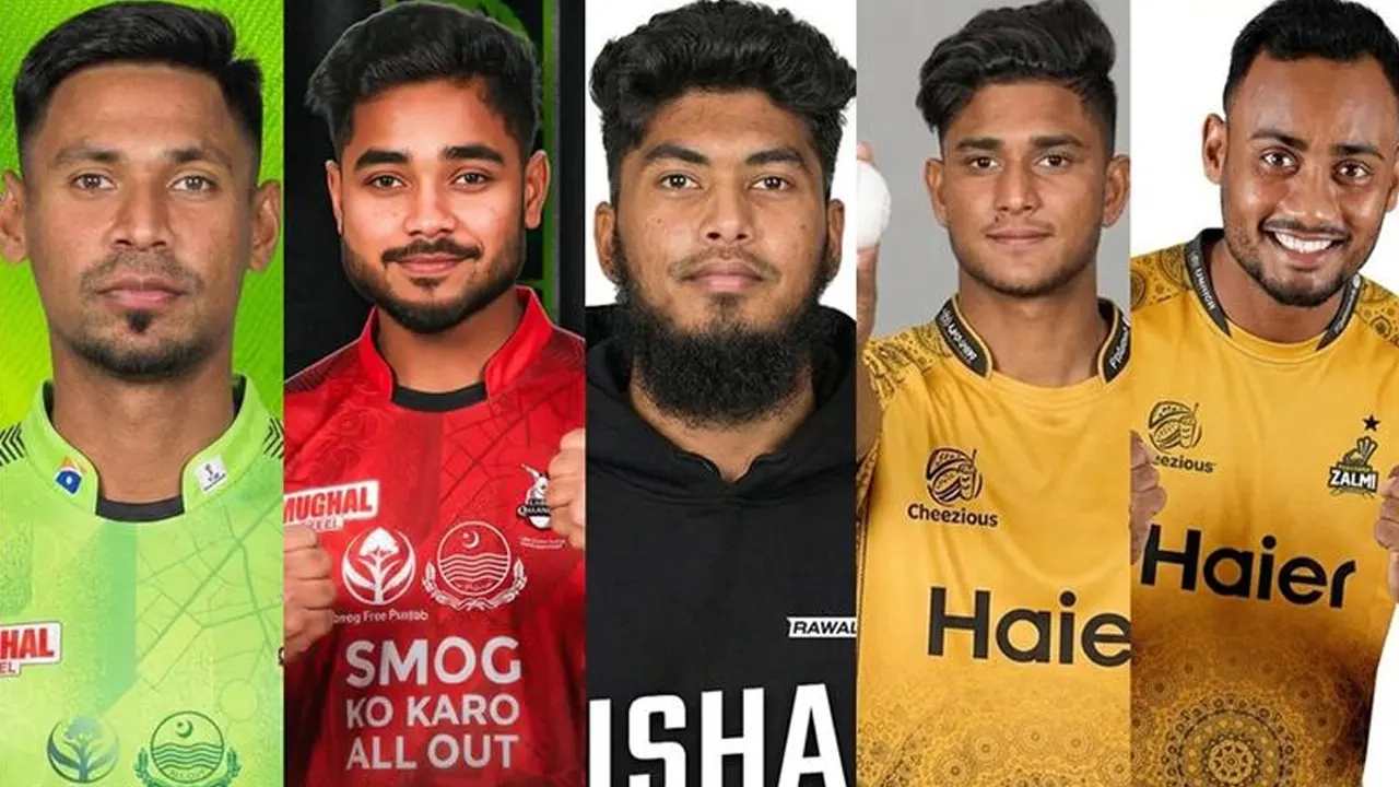 বাঁ দিক থেকে মোস্তাফিজুর রহমান, পারভেজ হোসেন ইমন, রিশাদ হোসেন, নাহিদ রানা এবং শরিফুল ইসলাম ।। ছবি: সংগৃহীত