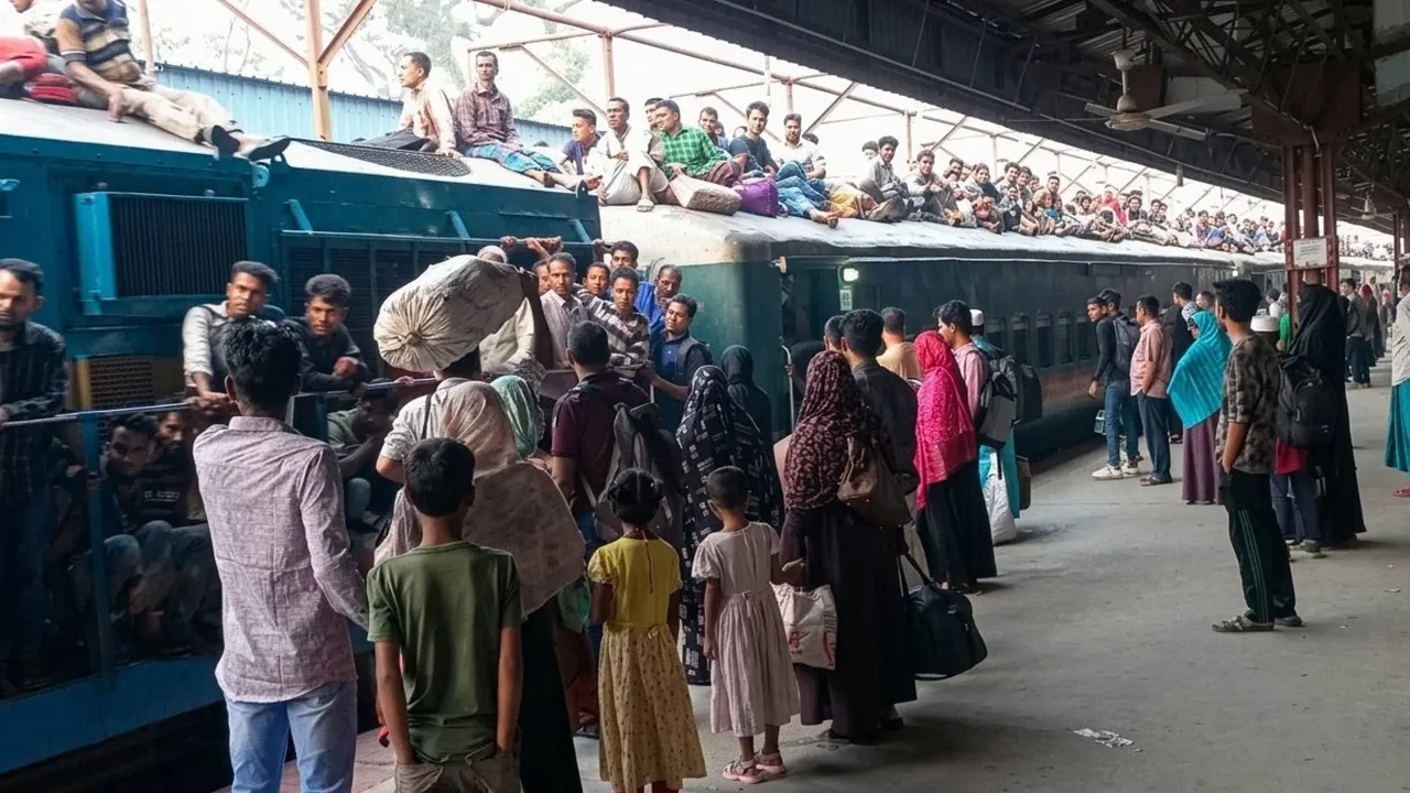 জীবনের ঝুঁকি নিয়েই ট্রেনের ছাদে উঠে পড়েছে মানুষ
