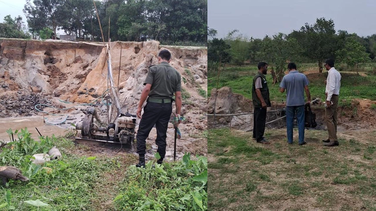 ভ্রাম্যমাণ আদালত অভিযান চালিয়ে দুটি ড্রেজার মেশিন ধ্বংস করেছে।