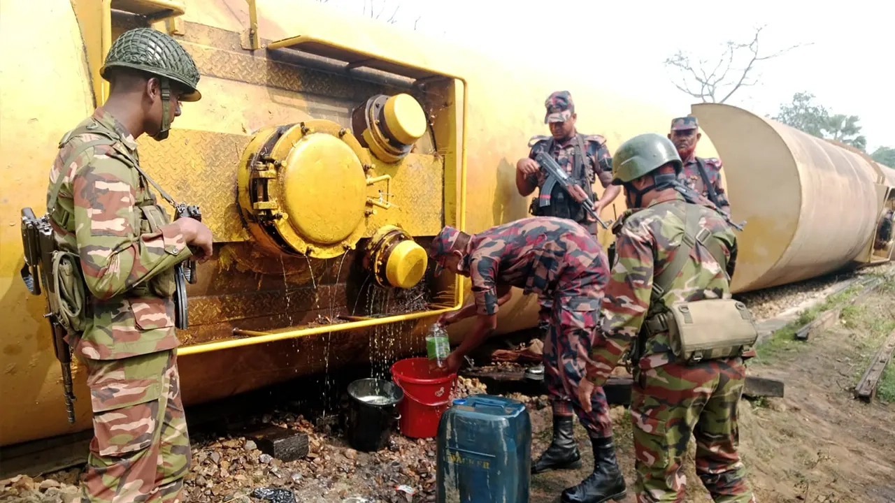 দুর্ঘটনাকবলিত তেলবাহী ট্রেন থেকে ডিজেল উদ্ধার করছে বিজিবি