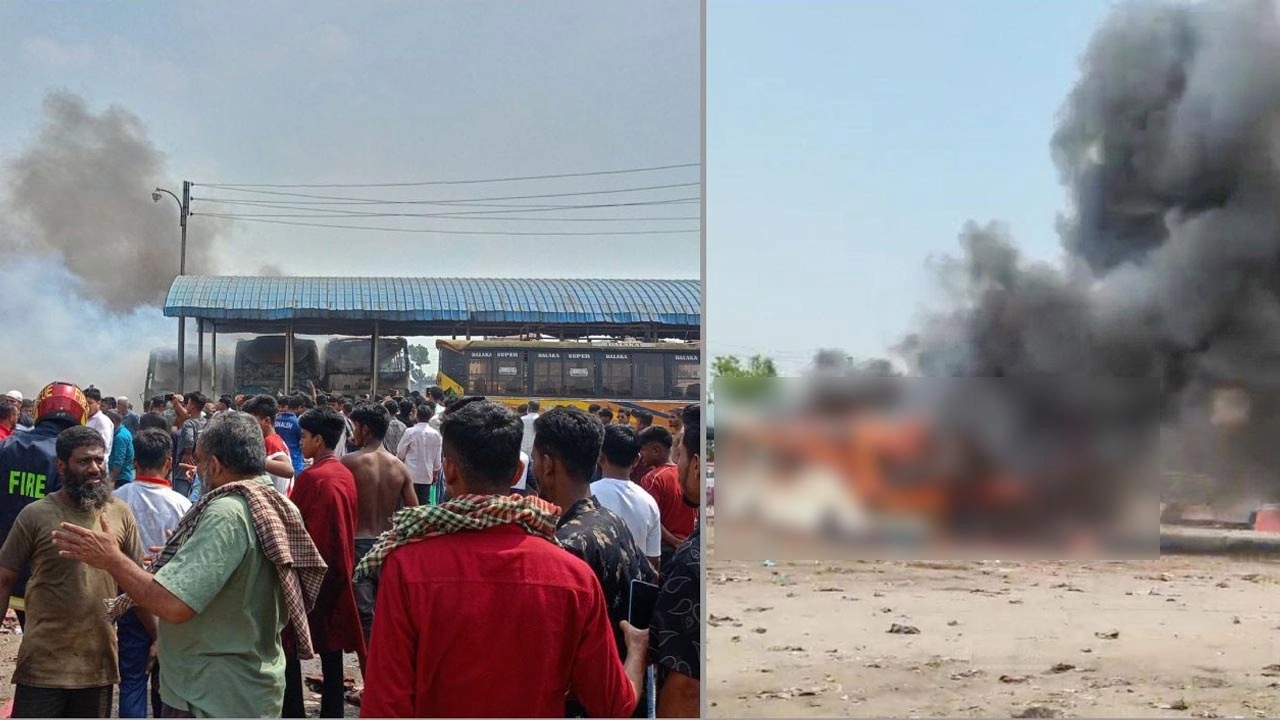 বাসস্ট্যান্ডে ৩টি পরিত্যক্ত বাসে আগুন লেগে পুড়ে ছাই।