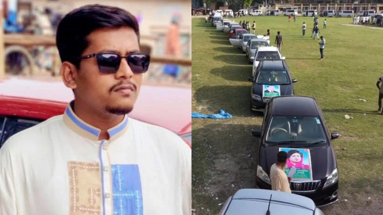 অর্ধশত গাড়ি নিয়ে শোডাউন দেওয়া ছাত্রদল নেতা মাসুদ রানা প্রামানিক।