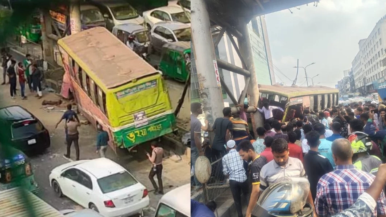 রাজধানীর বনানীতে রোড ডিভাইডারের ওপর উঠে যাওয়া বাস ।। ছবি: সংগৃহীত