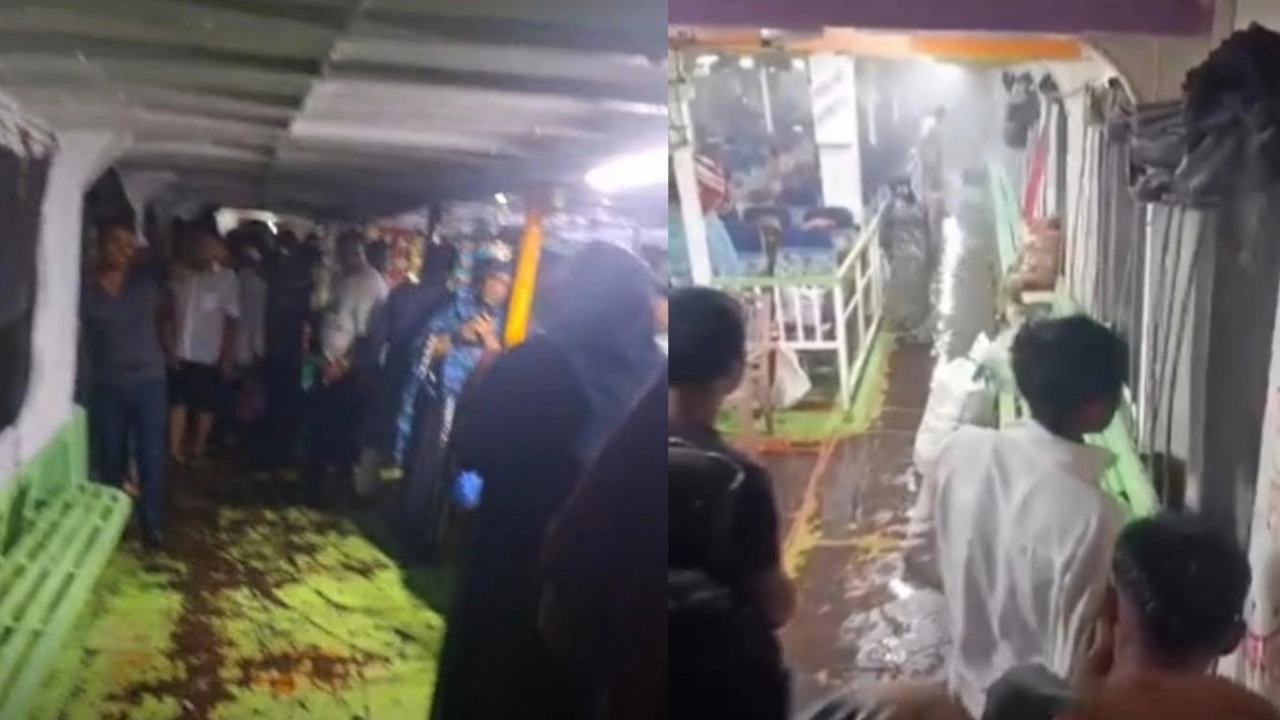 কালবৈশাখী ঝড়ে মেঘনা নদীর চরাঞ্চলে আটকা পড়ে এমভি সমতা লঞ্চ; আতঙ্কের মধ্যেও লঞ্চের ভেতরে অবস্থান করছেন যাত্রীরা।