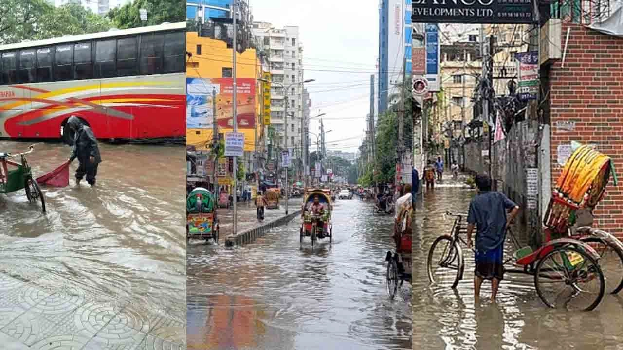 রাতভর টানা বৃষ্টিতে রাজধানীর সড়কে জলাবদ্ধতা।