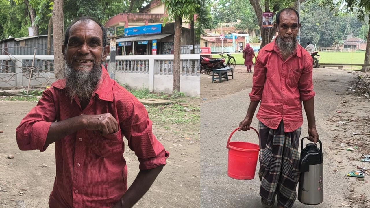 চায়ের ফ্লাক্স হাতে ৬৫ বছর বয়সী করিম মিয়ার।