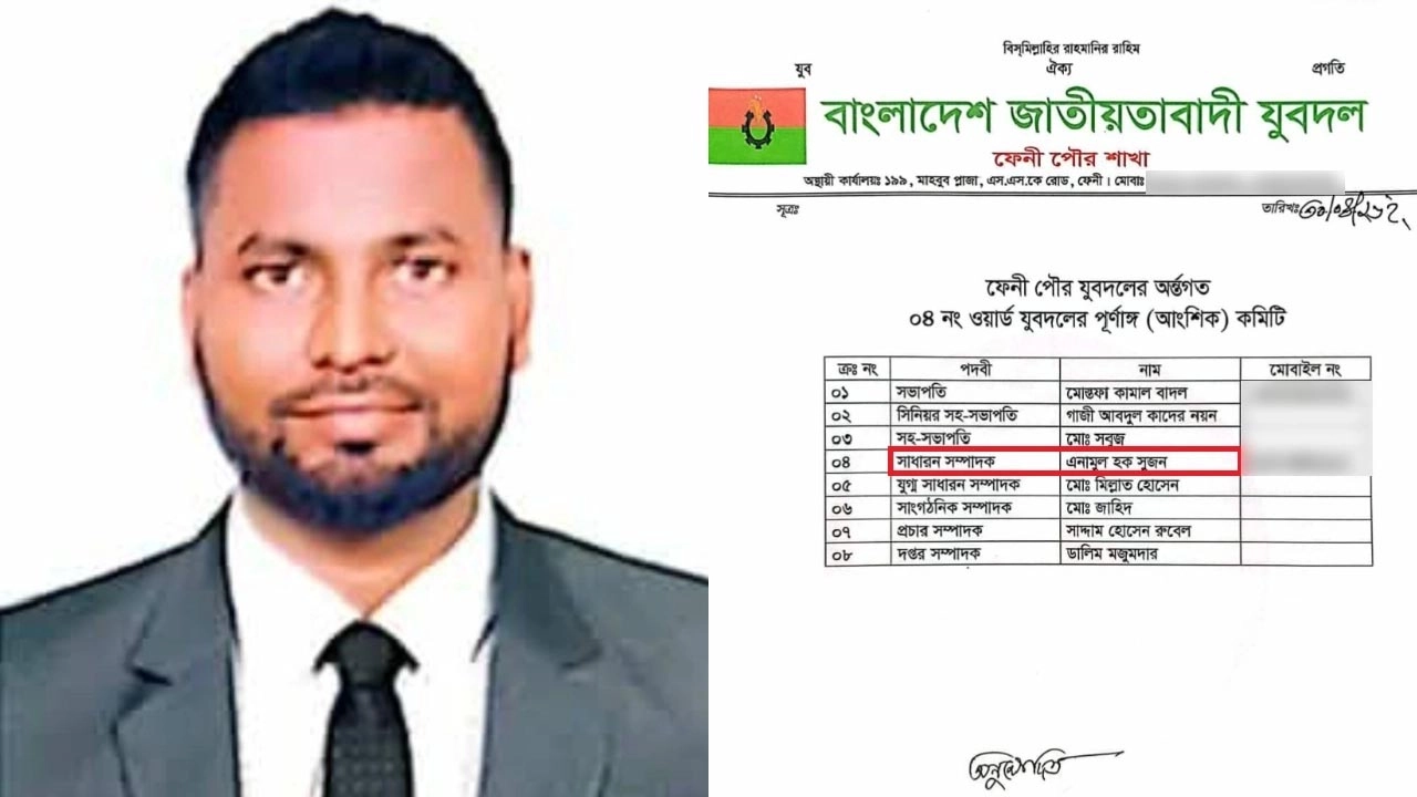 মামলার আসামি গাজী এনামুল হক সুজন ও ওয়ার্ড যুবদলের ঘোষিত কমিটি। ছবি: সংগৃহীত