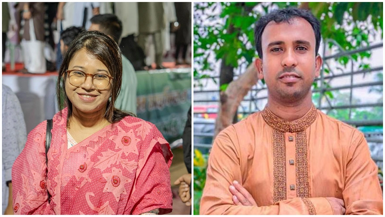 মনিরা শারমিন এবং গণঅধিকার পরিষদের নেতা হানিফ ।। এনপিবি কোলাজ