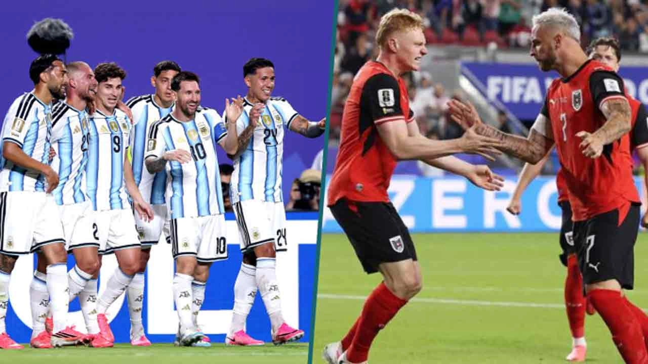 আর্জেন্টিনা ফুটবল দল (বামে) ও অস্ট্রিয়া ফুটবল দল (ডানে)।
