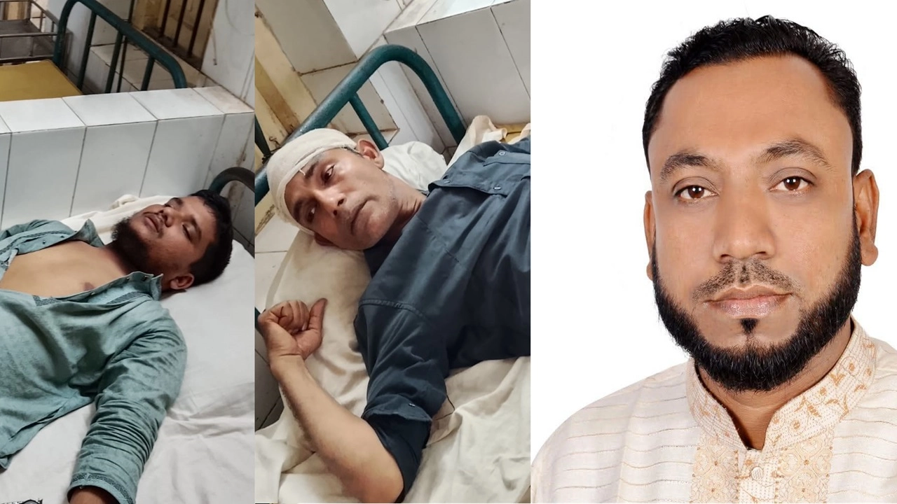 বাঁয়ে আহত সাংবাদিক ও ডানে অভিযুক্ত আব্দুর রকিব