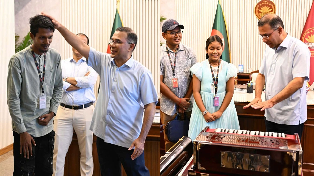 প্রধানমন্ত্রীর সঙ্গে সাক্ষাৎ করেন অনুশ্রী ও নিরাপত্তাকর্মী রাকিব। ছবি: সংগৃহীত