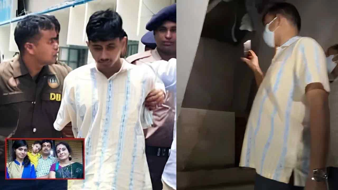 শিক্ষক গণপতি চক্রবর্তী, তার স্ত্রী ও দুই সন্তান এবং গ্রেপ্তারকৃত আসামি (বাঁয়ে) ও পুলিশ কর্মকর্তা (ডানে)।