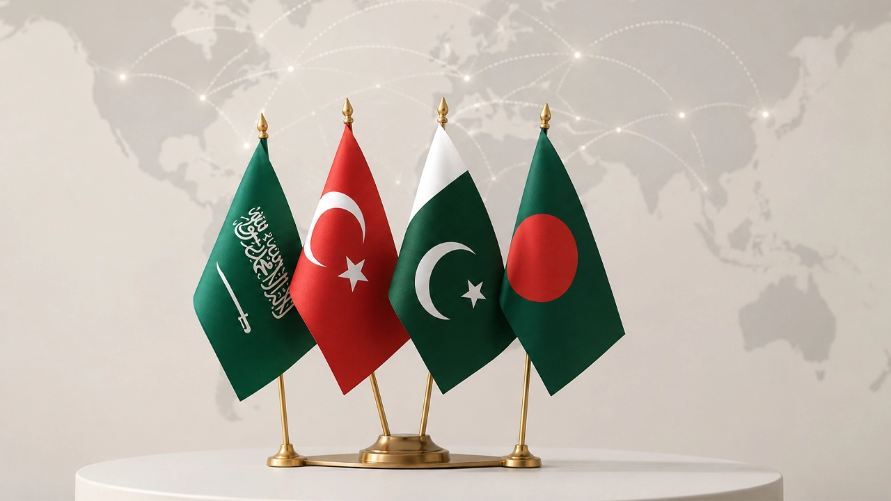 সৌদি আরব, তুরস্ক, পাকিস্তান ও বাংলাদেশের পতাকাগুলো পাশাপাশি। ছবি: এআই