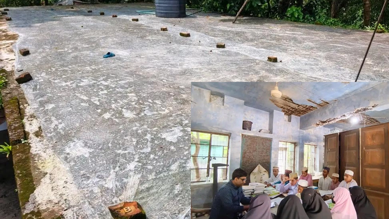 ছাদে পলিথিন দিয়ে বৃষ্টির মধ্যে ঝুঁকিপূর্ণ ভবনে পাঠদান